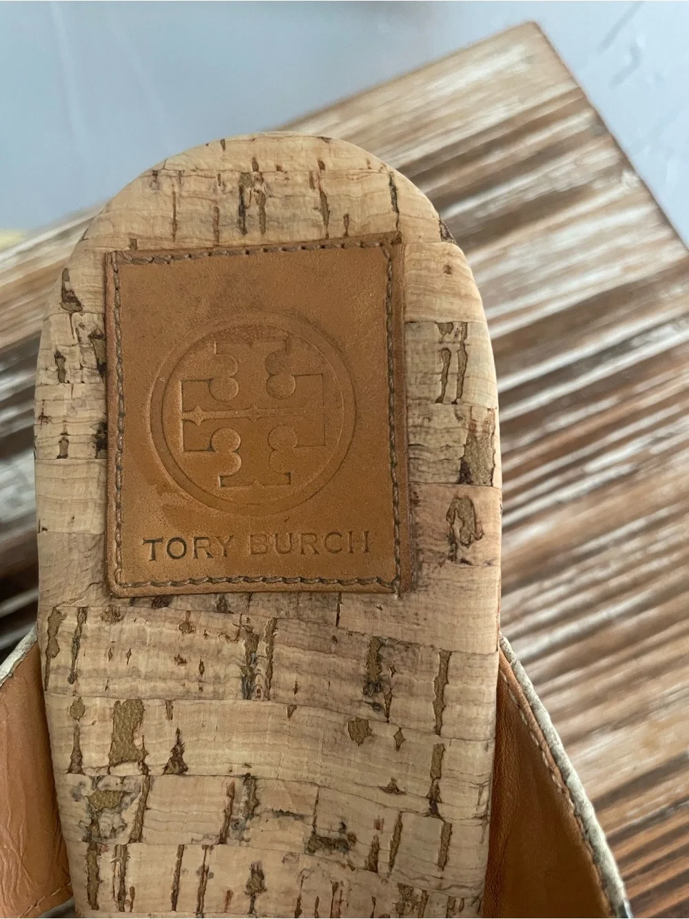 Tory Burch Cork Wedge Sandals with Snake-Print Straps and Gold Logo